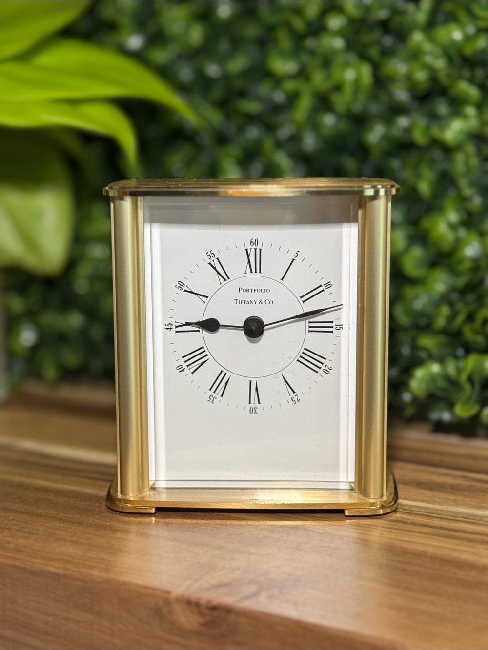 Tiffany & Co. Portfolio Gold and White Desk Clock with Roman Dial (working)